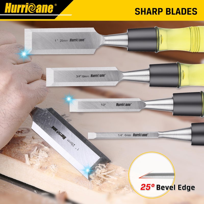 Hurricane مجموعة أدوات نحت الخشب HURRICANE 4 قطع. شفرات حواف مائلة من فولاذ CR-V مع أغطية أمان. مقبض من PVC عالي التأثير، للنحت الدقيق ومشاريع DIY (1/4"، 1/2"، 3/4"، 1") - Image 4
